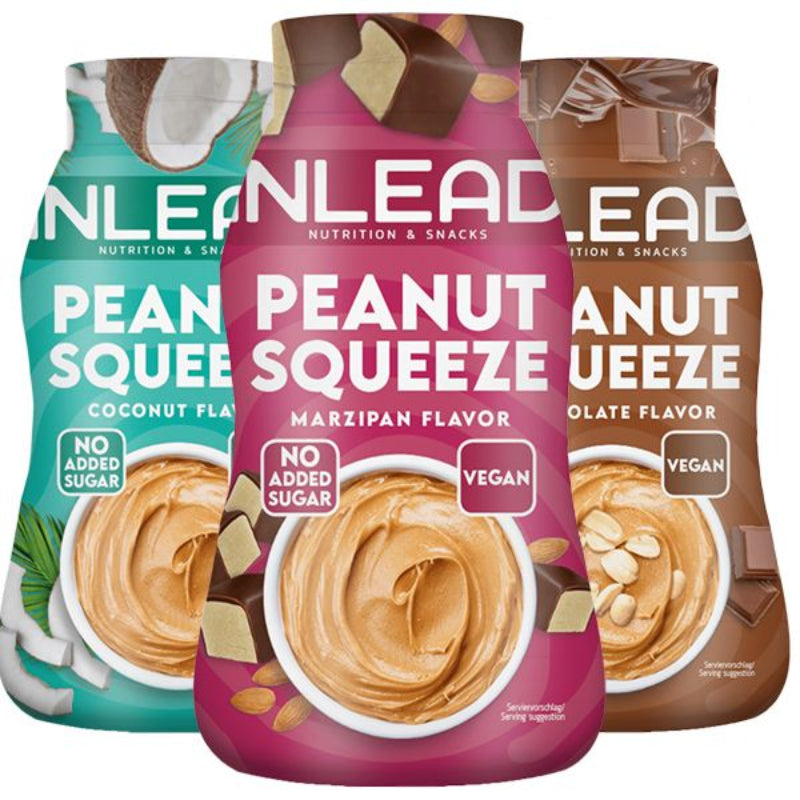 Gamme Peanut Squeeze Inlead Nutrition avec trois bouteilles de beurre de cacahuète squeeze aux saveurs chocolat, coco et marzipan