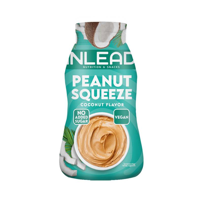 Bouteille Peanut Squeeze goût coco, beurre de cacahuète crémeux vegan sans sucres ajoutés avec morceaux de noix de coco