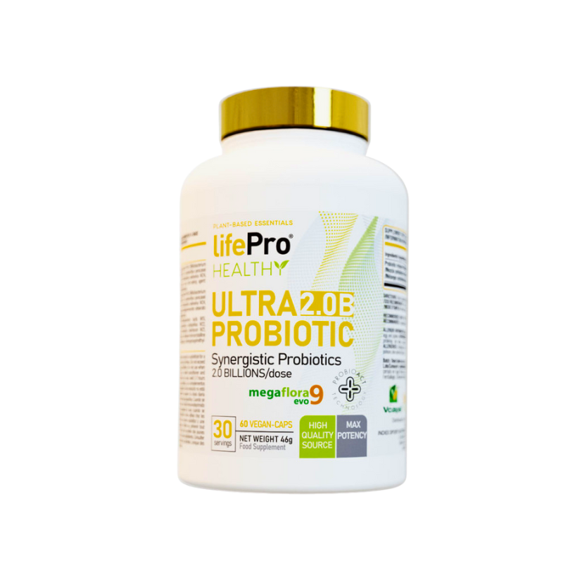 Flacon LifePro Healthy Ultra 2.0B Probiotic, complément de 60 gélules véganes apportant 20 milliards de probiotiques par dose avec mélange Megaflora9 evo pour l’équilibre de la flore intestinale