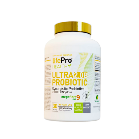Flacon LifePro Healthy Ultra 2.0B Probiotic, complément de 60 gélules véganes apportant 20 milliards de probiotiques par dose avec mélange Megaflora9 evo pour l’équilibre de la flore intestinale
