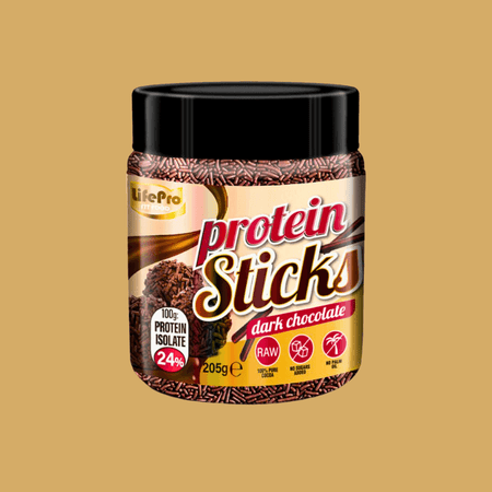 Pot de Protein Sticks LifePro chocolat noir de 205 g, décoré de vermicelles chocolatés riches en protéines sur fond beige uni