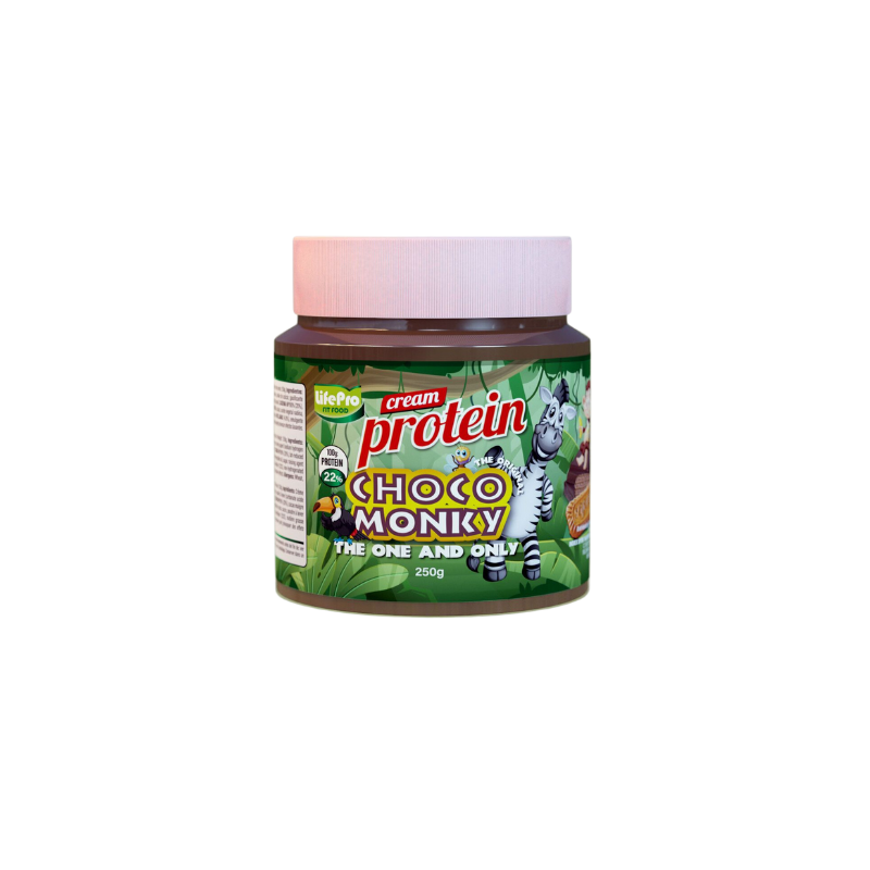 Pot de pâte à tartiner protéinée Life Pro Fit Food Protein Cream Choco Monky 250 g avec étiquette verte à motifs jungle et personnages d’animaux