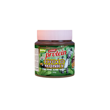 Pot de pâte à tartiner protéinée Life Pro Fit Food Protein Cream Choco Monky 250 g avec étiquette verte à motifs jungle et personnages d’animaux