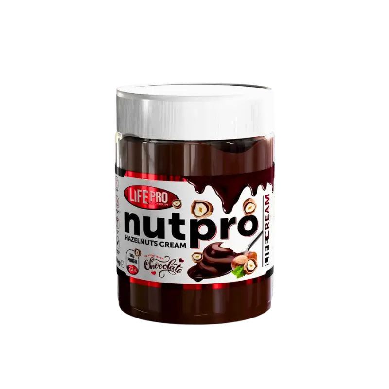 Pot de pâte à tartiner protéinée Life Pro Nutpro à la noisette 250 g avec étiquette blanche et marron montrant des noisettes et une crème chocolatée