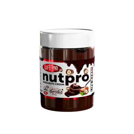 Pot de pâte à tartiner protéinée Life Pro Nutpro à la noisette 250 g avec étiquette blanche et marron montrant des noisettes et une crème chocolatée