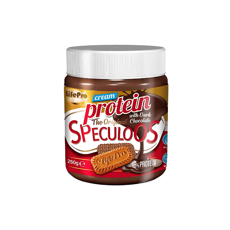 Pot de pâte à tartiner protéinée Life Pro Speculoos avec chocolat noir 250 g, couvercle blanc et biscuits speculoos sur l’étiquette