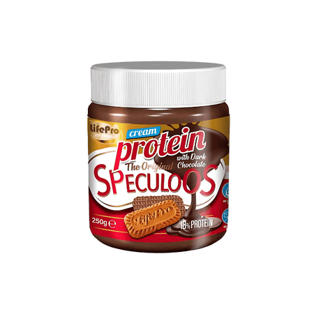 Pot de pâte à tartiner protéinée Life Pro Speculoos avec chocolat noir 250 g, couvercle blanc et biscuits speculoos sur l’étiquette