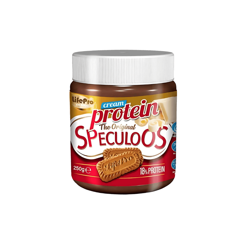 Pot de pâte à tartiner protéinée Life Pro Speculoos original 250 g avec biscuits speculoos et éclats de chocolat sur l’étiquette