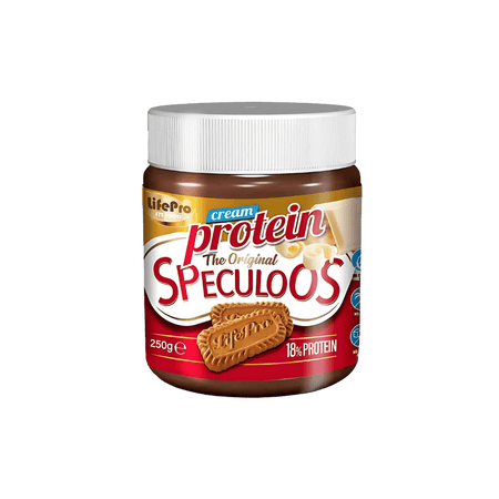 Pot de pâte à tartiner protéinée Life Pro Speculoos original 250 g avec biscuits speculoos et éclats de chocolat sur l’étiquette