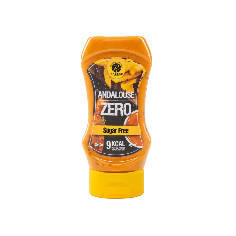 Bouteille de sauce Rabeko Andalouse Zero sans sucre avec illustration de frites et sauce andalouse sur l’étiquette