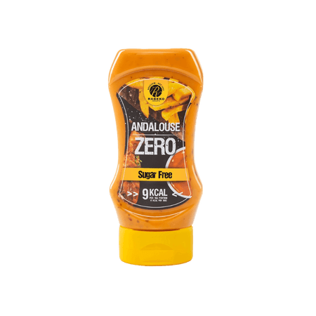 Bouteille de sauce Rabeko Andalouse Zero sans sucre avec illustration de frites et sauce andalouse sur l’étiquette