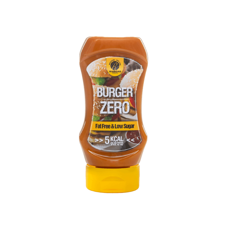 Bouteille de sauce Rabeko Burger Zero faible en calories avec visuel de burger sur l’étiquette