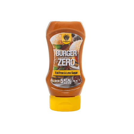 Bouteille de sauce Rabeko Burger Zero faible en calories avec visuel de burger sur l’étiquette
