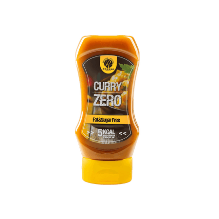 Bouteille de sauce Rabeko Curry Zero sans sucre et sans graisse avec visuel de plat au curry sur l’étiquette