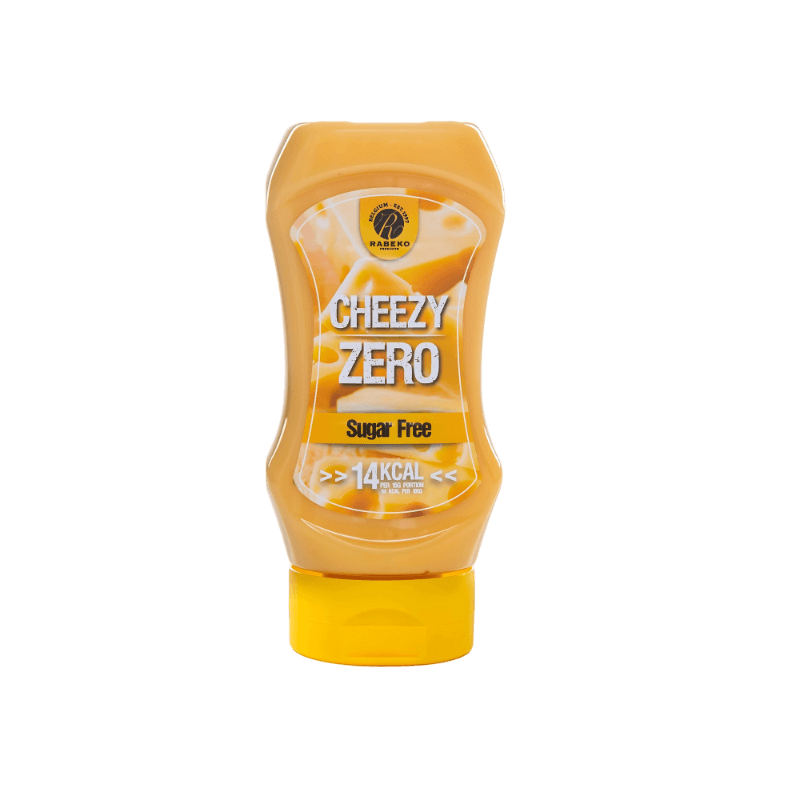 Bouteille de sauce Rabeko Cheezy Zero goût fromage sans sucre avec morceaux de fromage en illustration sur l’étiquette