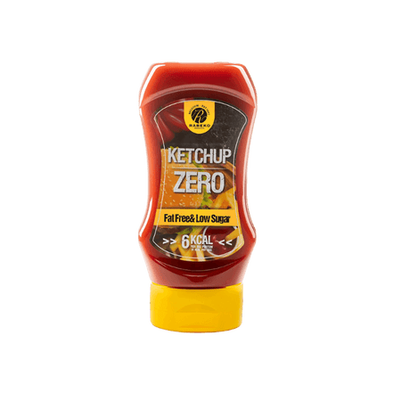 Bouteille de sauce Rabeko Ketchup Zero à faible teneur en sucre avec tomates et frites en illustration sur l’étiquette