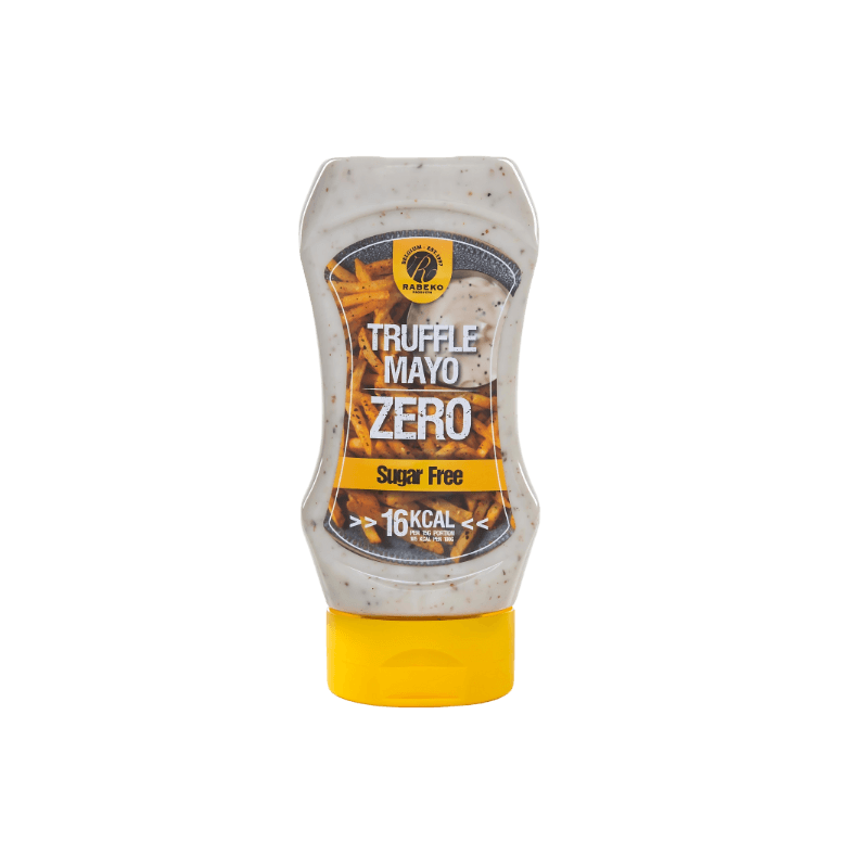 Bouteille de sauce Rabeko Truffle Mayo Zero saveur mayonnaise à la truffe sans sucre avec frites en visuel sur l’étiquette