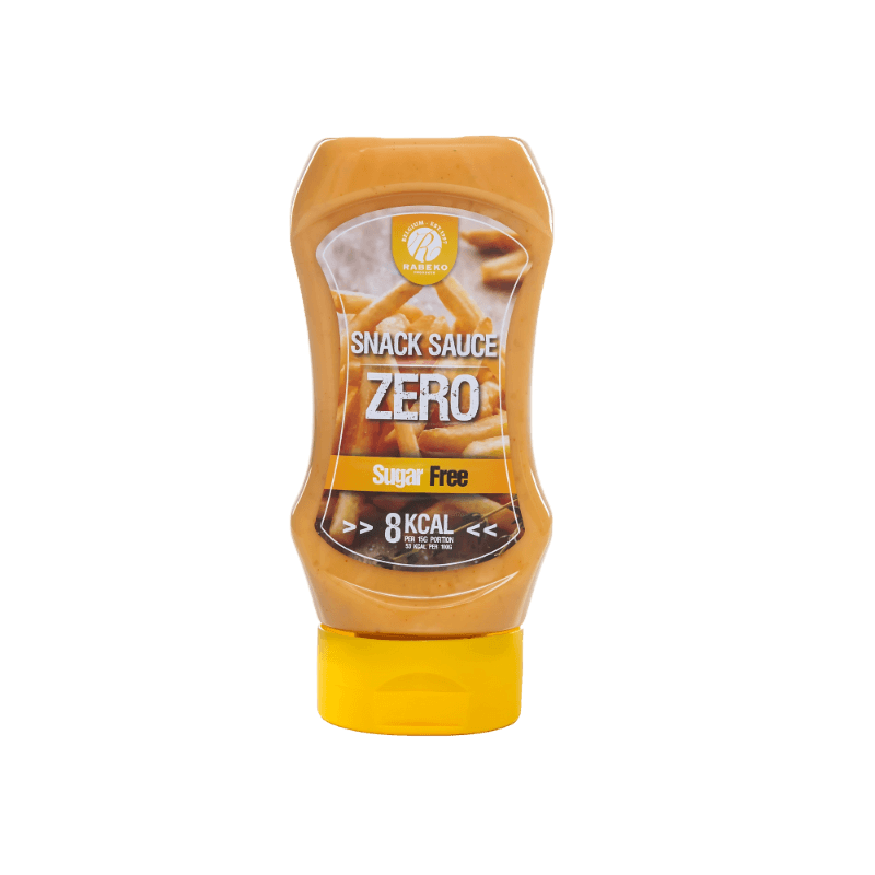 Bouteille de sauce Rabeko Snack Sauce Zero sans sucre avec illustration de frites croustillantes sur l’étiquette