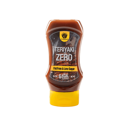 Bouteille de sauce Rabeko Teriyaki Zero pauvre en calories avec morceaux de viande grillée en visuel sur l’étiquette