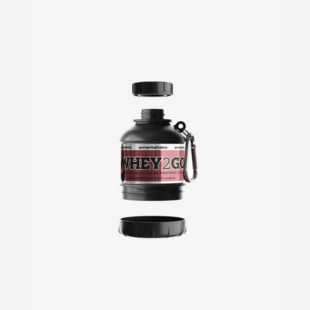 Réservoir entonnoir Smartshake Whey2Go noir avec mousqueton métallique et couvercle vissé