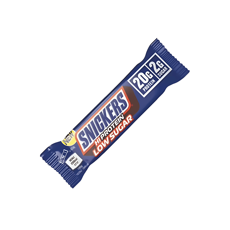 Barre Snickers Hi Protein Low Sugar en emballage bleu nuit indiquant 20 g de protéines et 2 g de sucre