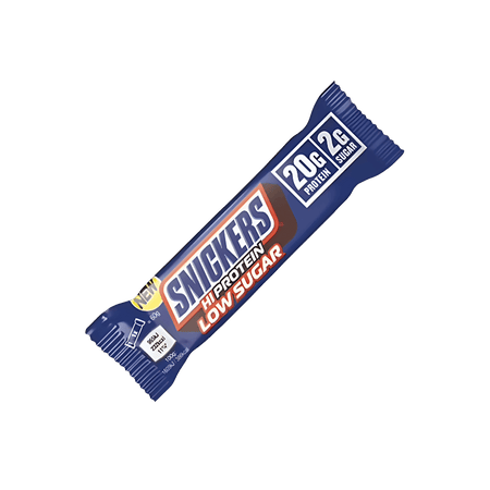 Barre Snickers Hi Protein Low Sugar en emballage bleu nuit indiquant 20 g de protéines et 2 g de sucre