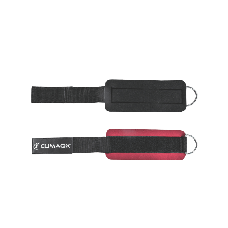 Sangles de chevilles Climaqx noir et rouge vues à plat avec anneaux en métal pour attache à la poulie