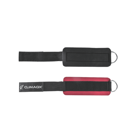 Sangles de chevilles Climaqx noir et rouge vues à plat avec anneaux en métal pour attache à la poulie