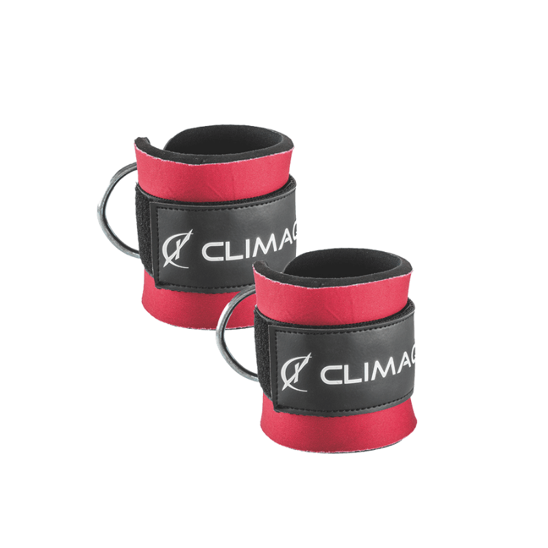 Paire de sangles de chevilles Climaqx noir et rouge en néoprène avec logo pour exercices à la poulie