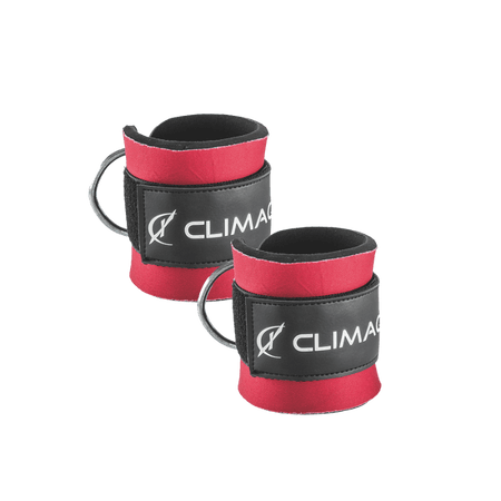 Paire de sangles de chevilles Climaqx noir et rouge en néoprène avec logo pour exercices à la poulie