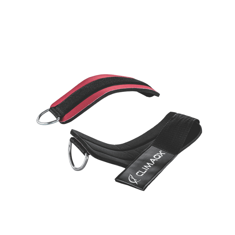 Sangle de cheville Climaqx noir et rouge vue de profil montrant le rembourrage et l’anneau de fixation