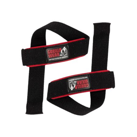 Paire de sangles de tirage Gorilla Wear noires bordées de rouge avec logo Gorilla Wear United States of America
