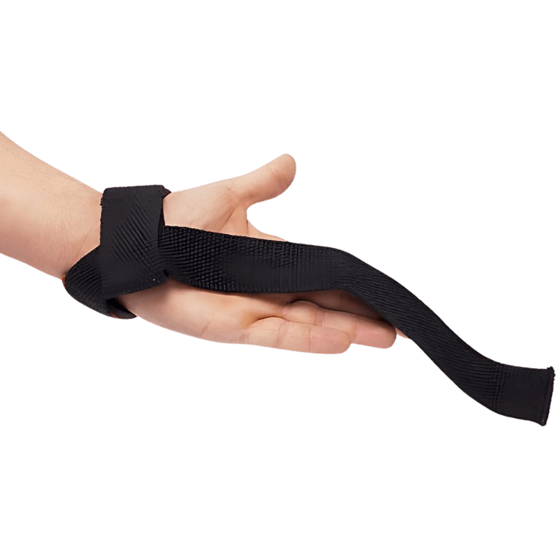 Sangle de tirage Gorilla Wear noire enroulée autour du poignet et de la main pour les exercices de traction