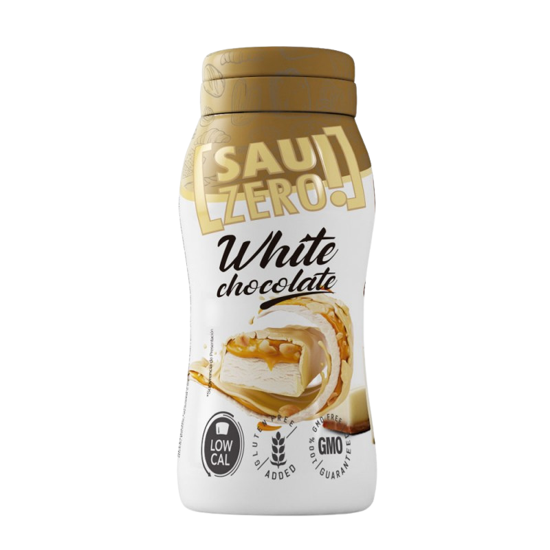 Bouteille de sauce Sauzero LifePro goût chocolat blanc zéro calorie avec nappage de chocolat blanc en illustration sur l’étiquette