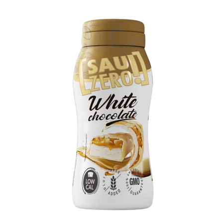 Bouteille de sauce Sauzero LifePro goût chocolat blanc zéro calorie avec nappage de chocolat blanc en illustration sur l’étiquette