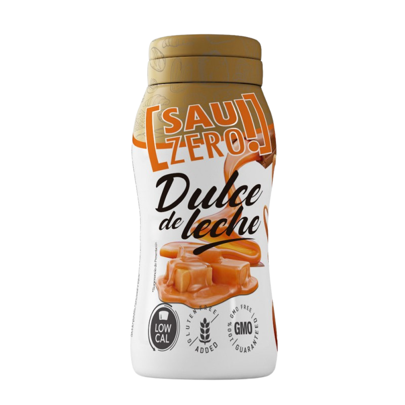 Bouteille de sauce Sauzero LifePro saveur dulce de leche faible en calories avec morceaux de caramel en visuel sur l’étiquette