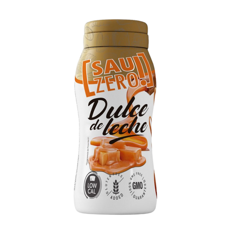 Bouteille de sauce Sauzero LifePro saveur dulce de leche faible en calories avec morceaux de caramel en visuel sur l’étiquette