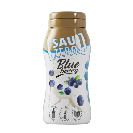 Bouteille de sauce Sauzero LifePro goût myrtille zéro calorie décorée de myrtilles fraîches sur l’étiquette