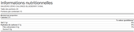 Tableau des informations nutritionnelles de la sauce Sauzero Blueberry zéro calories indiquant calories, glucides, fibres et sucres pour une portion