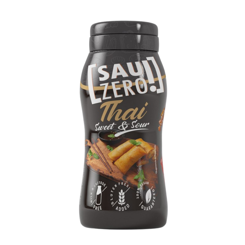 Bouteille de sauce Sauzero LifePro goût Thai Sweet & Sour zéro calorie avec illustration de rouleaux de printemps et sauce thaï sur l’étiquette