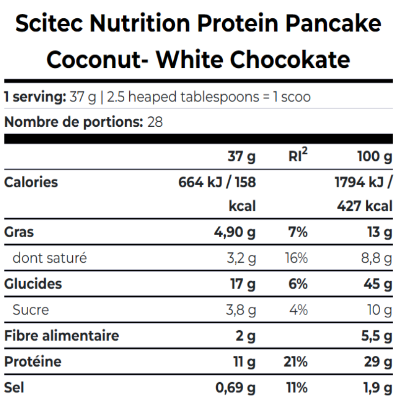 Tableau nutritionnel Scitec Protein Pancake saveur coconut white chocolate indiquant calories, graisses, glucides, sucres, fibres, protéines et sel pour 37 g et 100 g
