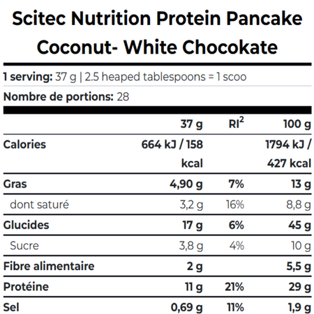 Tableau nutritionnel Scitec Protein Pancake saveur coconut white chocolate indiquant calories, graisses, glucides, sucres, fibres, protéines et sel pour 37 g et 100 g