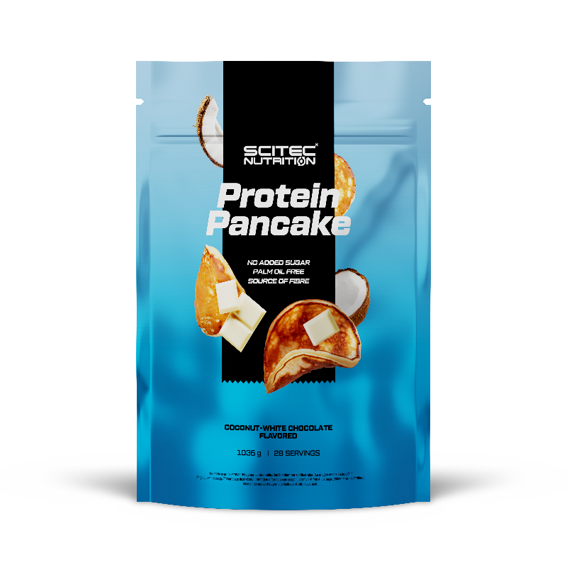 Sachet bleu Scitec Nutrition Protein Pancake saveur noix de coco chocolat blanc 1036 g avec morceaux de chocolat blanc et éclats de coco autour des pancakes