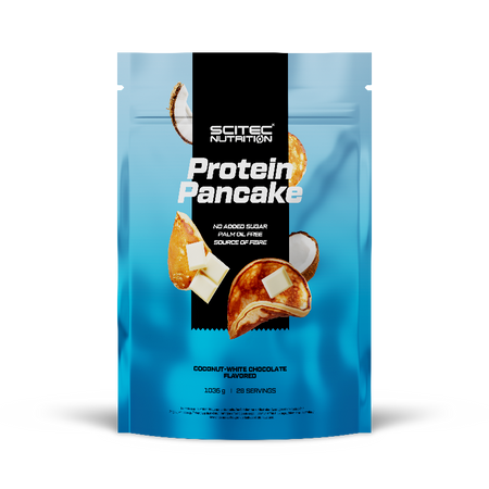 Sachet bleu Scitec Nutrition Protein Pancake saveur noix de coco chocolat blanc 1036 g avec morceaux de chocolat blanc et éclats de coco autour des pancakes