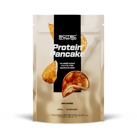 Sachet Scitec Nutrition Protein Pancake nature 1036 g beige avec pancakes dorés en visuel et mention sans sucre ajouté ni huile de palme