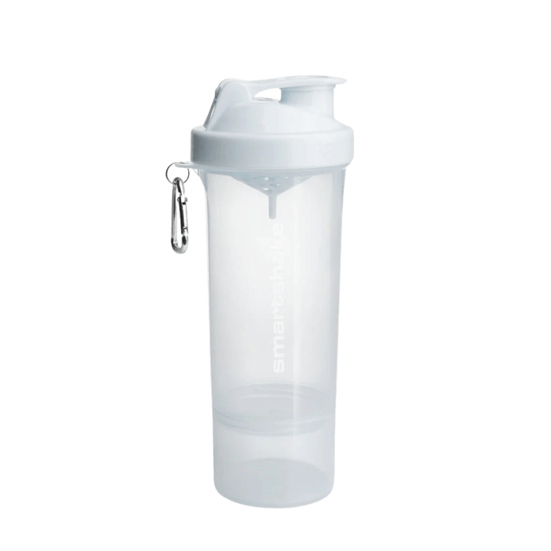 Shaker Smartshake 500 ml blanc translucide avec logo discret, compartiment inférieur vissé et mousqueton métallique