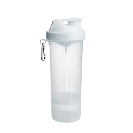 Shaker Smartshake 500 ml blanc translucide avec logo discret, compartiment inférieur vissé et mousqueton métallique