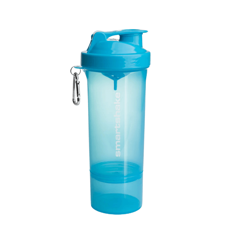 Shaker Smartshake 500 ml bleu translucide avec logo blanc vertical et compartiment inférieur pour poudre