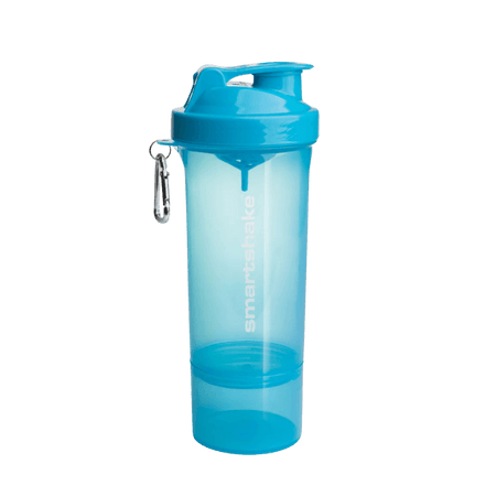 Shaker Smartshake 500 ml bleu translucide avec logo blanc vertical et compartiment inférieur pour poudre