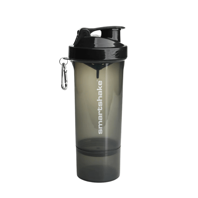 Shaker Smartshake 500 ml noir fumé avec compartiment de rangement vissé et mousqueton métallique